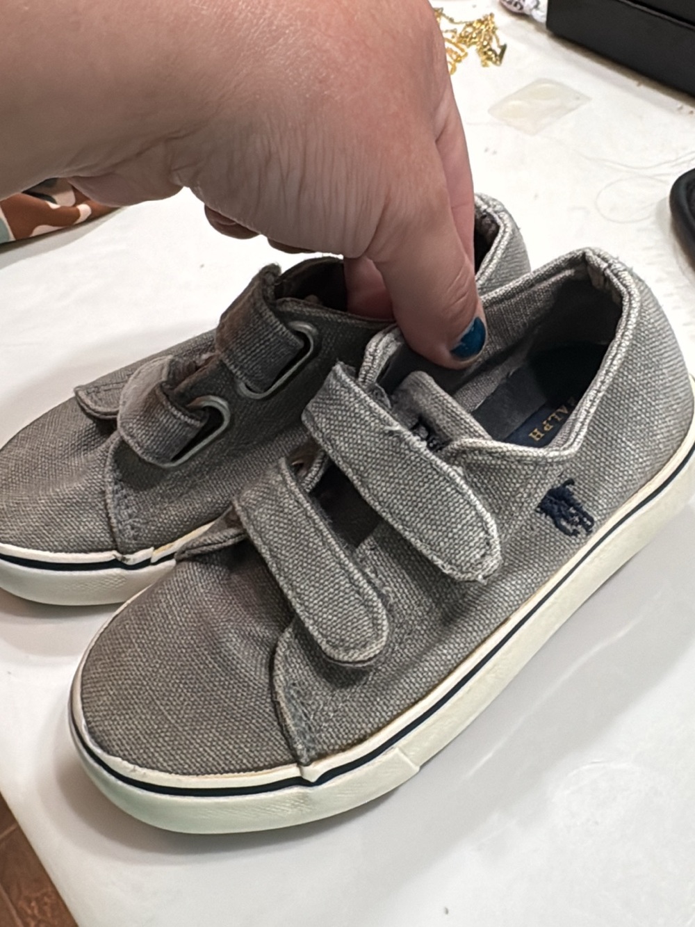 Polo by Ralph Lauren Kids Grey Canvas Velcro Sneakers with Navy Logo